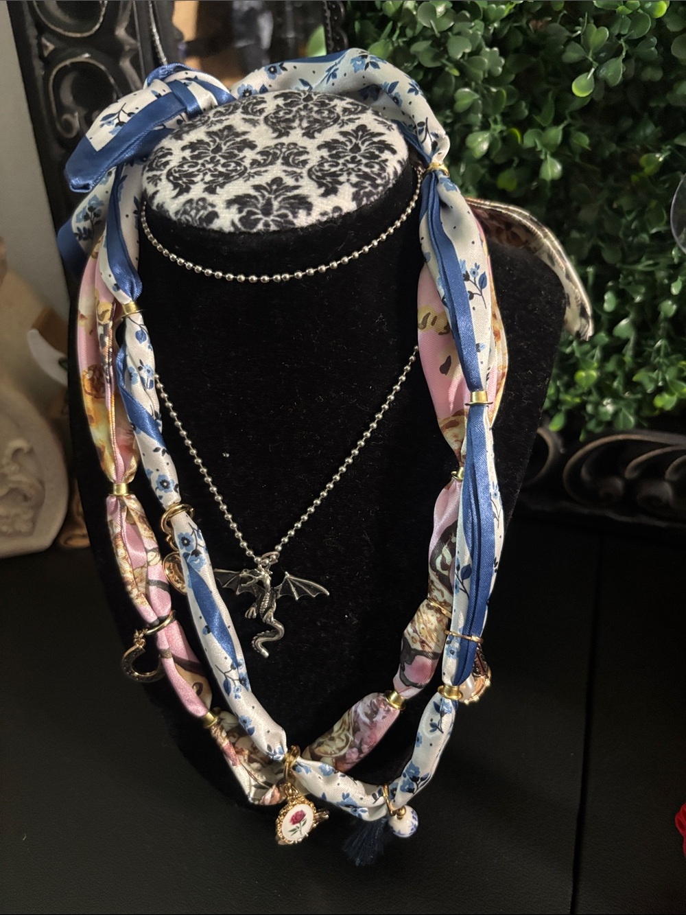 Silk-Style Multi-Strand Necklace with Dragon Pendant - Blue & Pink